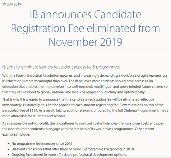 美国留学资讯之IB宣布从2019年11月起取消考生注册费