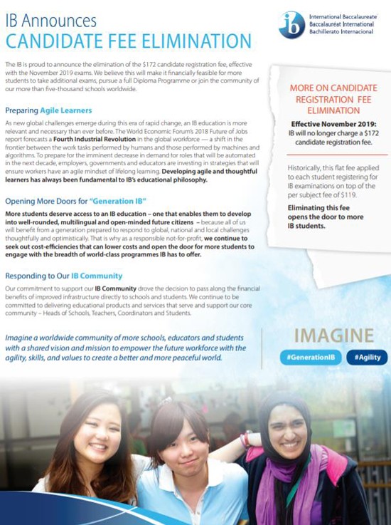 美国留学资讯之IB宣布从2019年11月起取消考生注册费